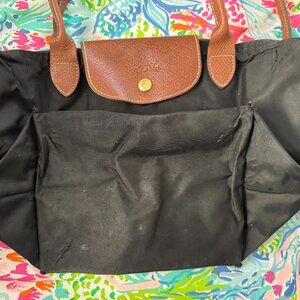 Longchamp Black Small Tote with Brown Leather Trim